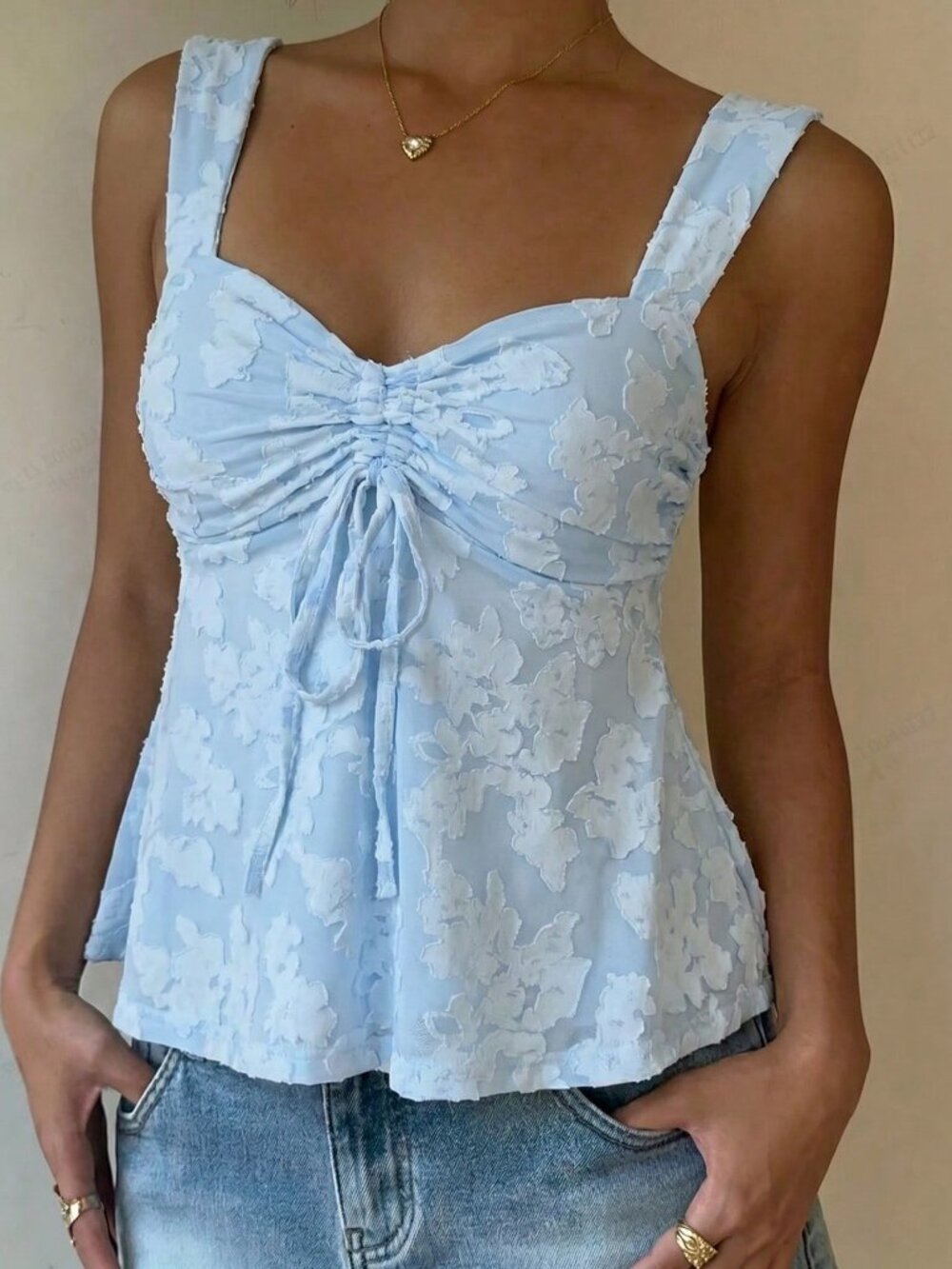 Blue Boho Women's Cutout Pleated Tie Camisole top - Picture 3 of 8